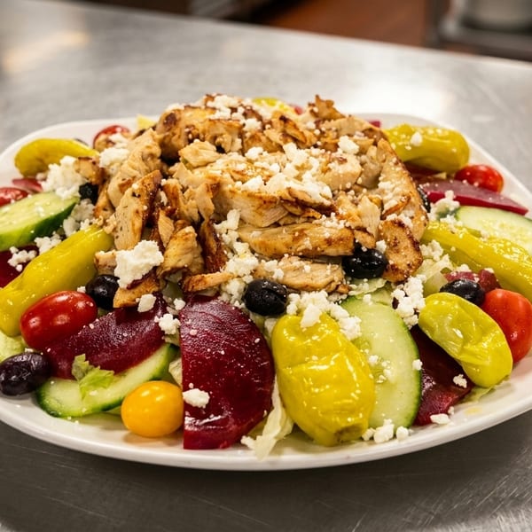 A large Greek salad with grilled chicken, feta, olives, and vegetables on a metal counter.
