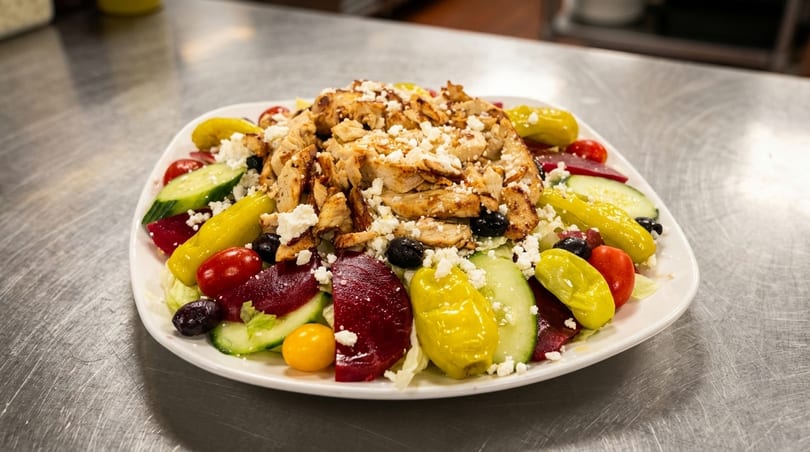 A large Greek salad with grilled chicken, feta, olives, and vegetables on a metal counter.