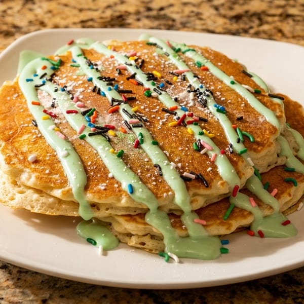 Stack of pancakes drizzled with green icing, powdered sugar, and colorful sprinkles on a white plate.