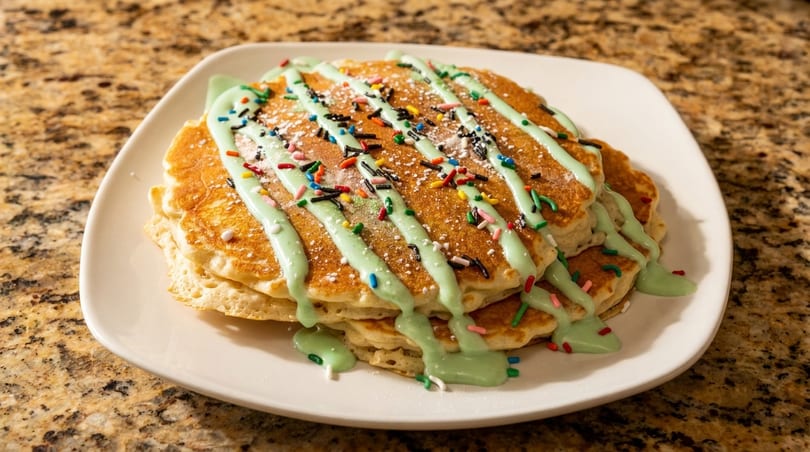 Stack of pancakes drizzled with green icing, powdered sugar, and colorful sprinkles on a white plate.