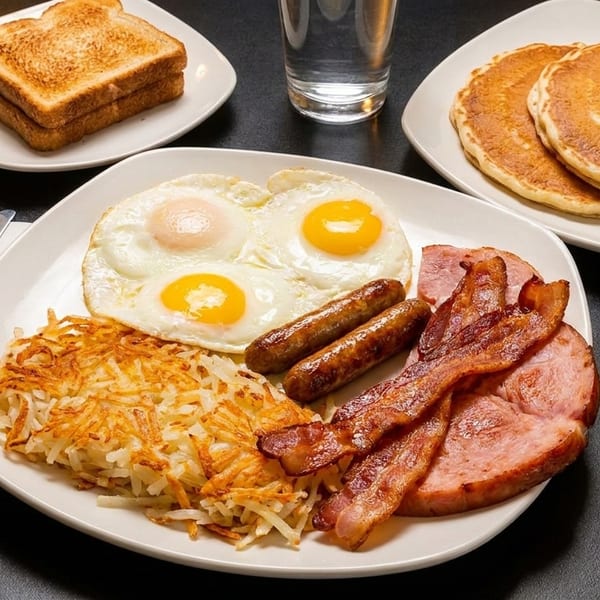 A full breakfast plate with eggs, hash browns, sausages, bacon, ham, toast, and pancakes.