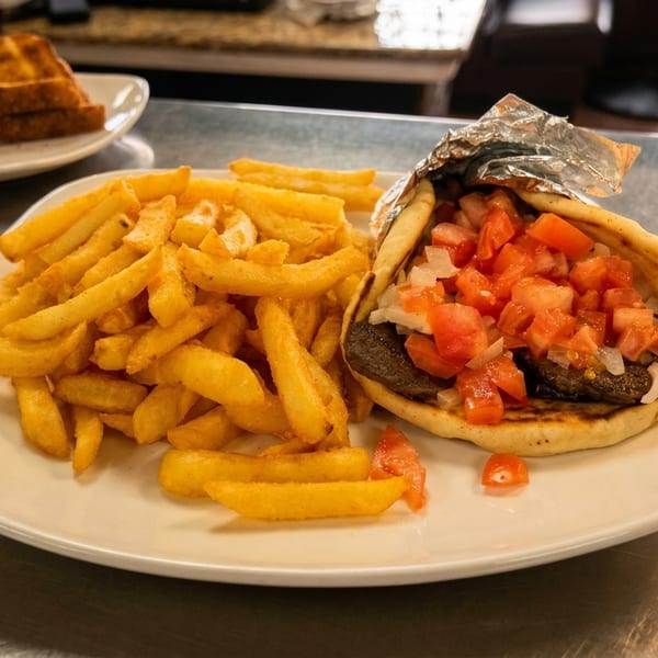 A gyro with diced tomatoes and onions, served with a side of golden french fries.