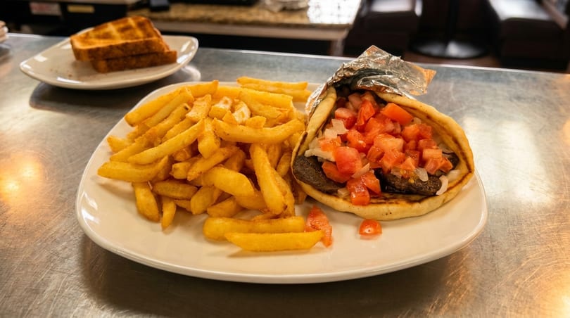 A gyro with diced tomatoes and onions, served with a side of golden french fries.