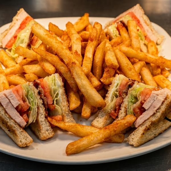 A white plate holds a club sandwich cut into quarters, surrounded by golden french fries.