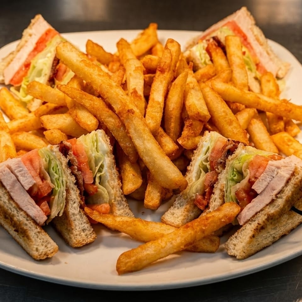 A white plate holds a club sandwich cut into quarters, surrounded by golden french fries.