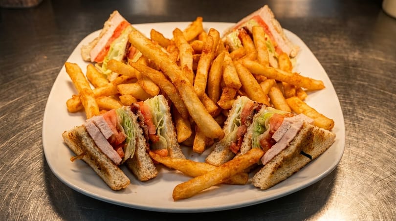 A white plate holds a club sandwich cut into quarters, surrounded by golden french fries.